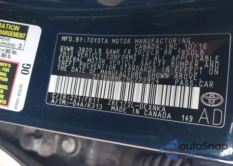 2017 Toyota Corolla Le z USA, uszkodzony, nr VIN 2T1BURHE7HC773924